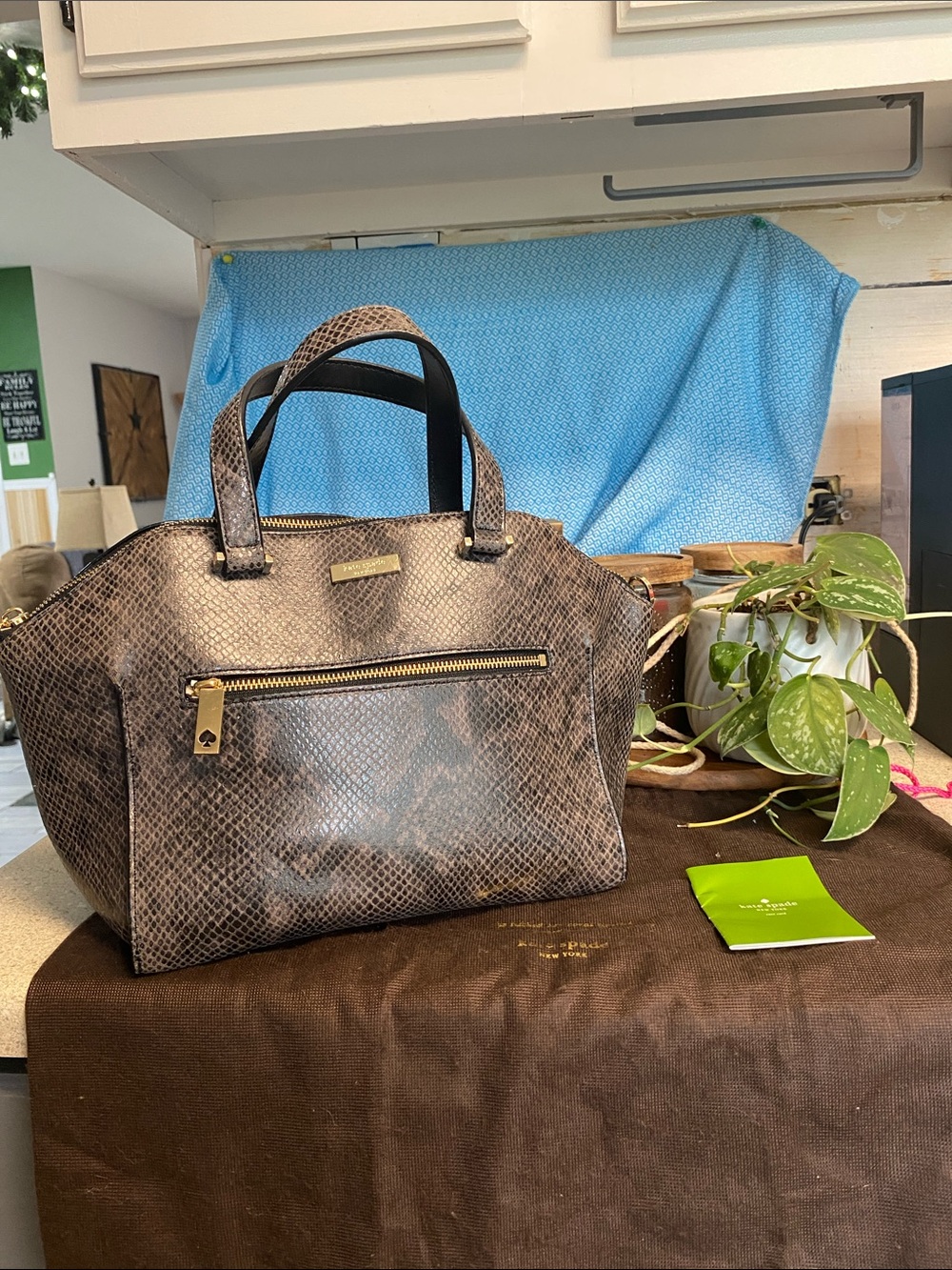 kate spade Brown Snake-Print Satchel with Gold Hardware